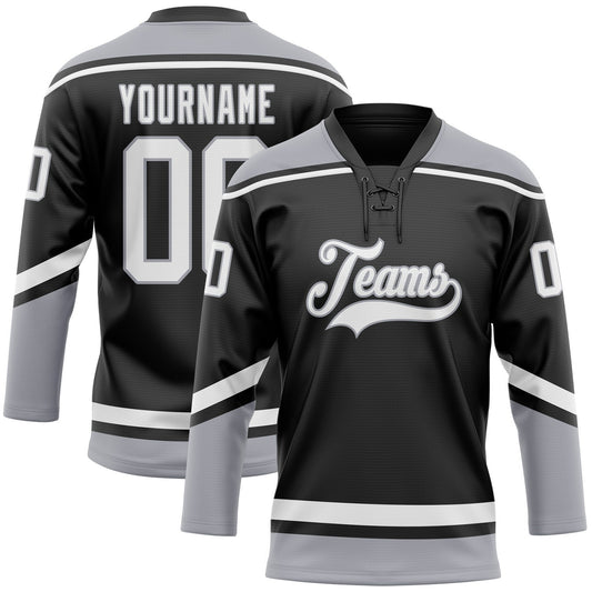 Custom Black White-Gray Hockey Lace Neck Jersey - Sky-Custom