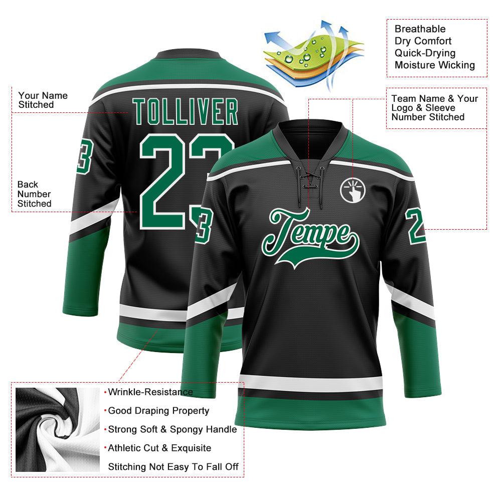 Custom Black White-Kelly Green Hockey Lace Neck Jersey - Sky-Custom