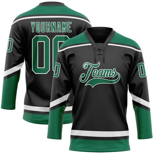 Custom Black White-Kelly Green Hockey Lace Neck Jersey - Sky-Custom