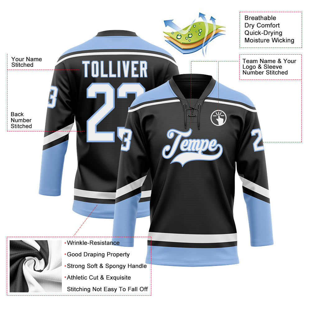 Custom Black White-Light Blue Hockey Lace Neck Jersey - Sky-Custom