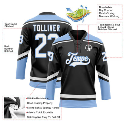 Custom Black White-Light Blue Hockey Lace Neck Jersey - Sky-Custom