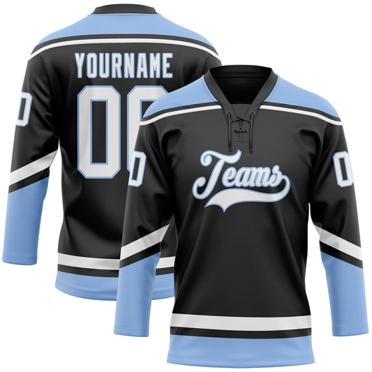 Custom Black White-Light Blue Hockey Lace Neck Jersey - Sky-Custom