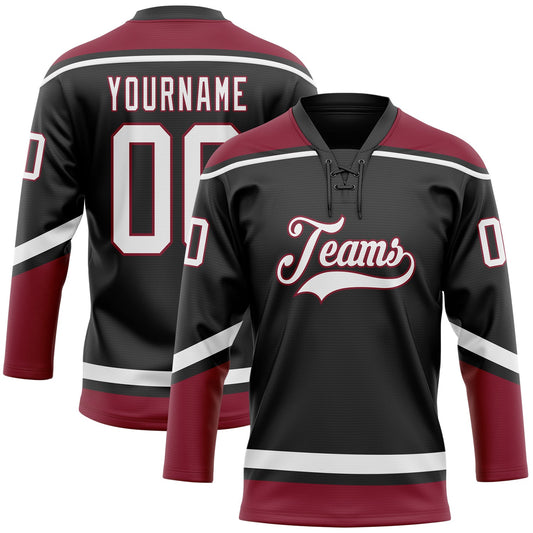 Custom Black White-Crimson Hockey Lace Neck Jersey - Sky-Custom