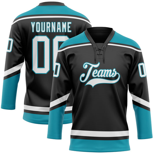 Custom Black White-Teal Hockey Lace Neck Jersey - Sky-Custom