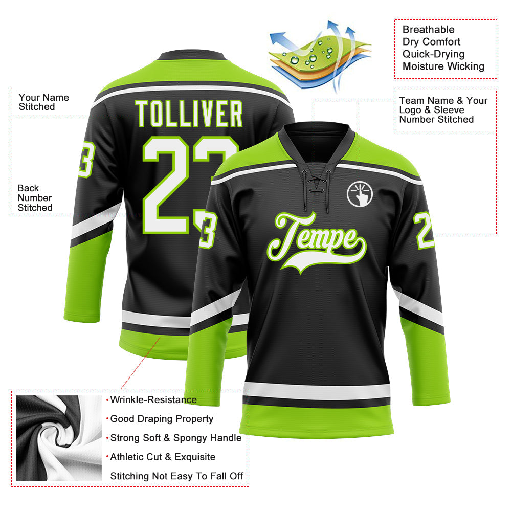 Custom Black White-Neon Green Hockey Lace Neck Jersey - Sky-Custom