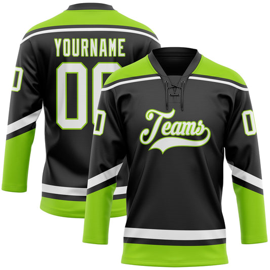 Custom Black White-Neon Green Hockey Lace Neck Jersey - Sky-Custom