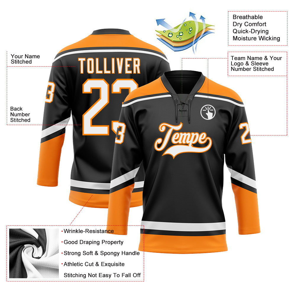 Custom Black White-Bay Orange Hockey Lace Neck Jersey - Sky-Custom