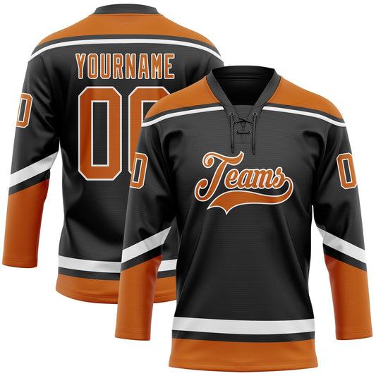 Custom Black Texas Orange-White Hockey Lace Neck Jersey - Sky-Custom