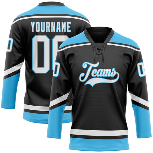 Custom Black White-Sky Blue Hockey Lace Neck Jersey - Sky-Custom