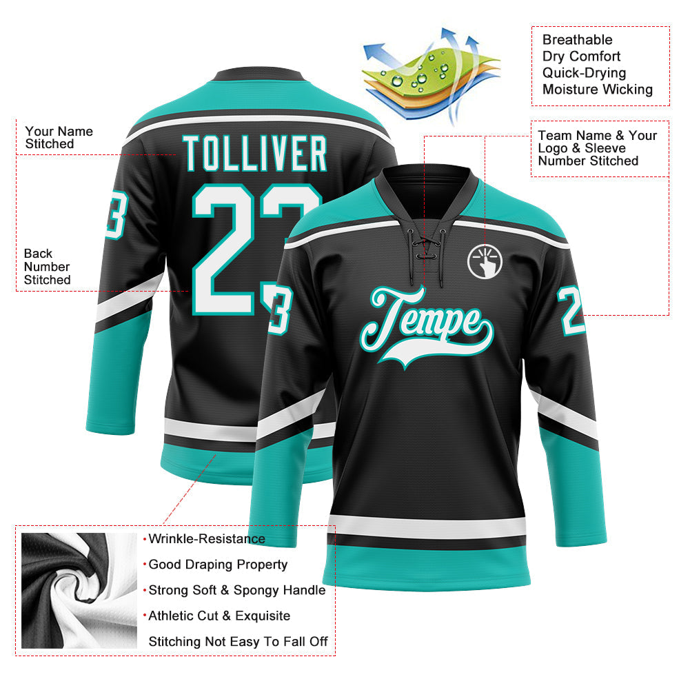 Custom Black White-Aqua Hockey Lace Neck Jersey - Sky-Custom