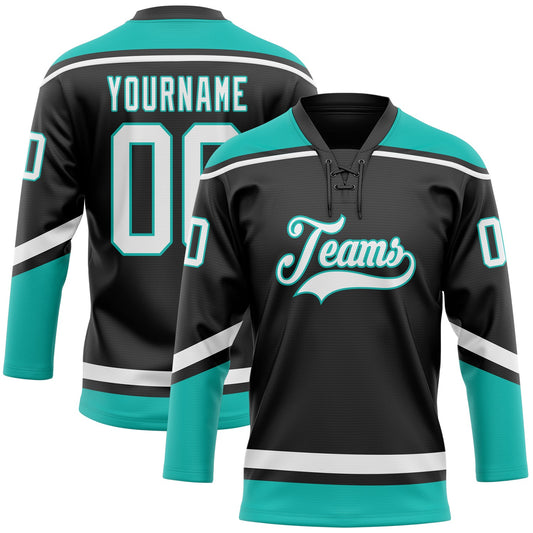 Custom Black White-Aqua Hockey Lace Neck Jersey - Sky-Custom