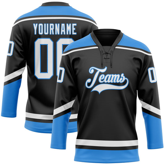 Custom Black White-Powder Blue Hockey Lace Neck Jersey - Sky-Custom