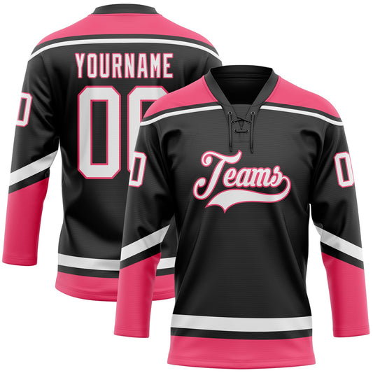 Custom Black White-Neon Pink Hockey Lace Neck Jersey - Sky-Custom