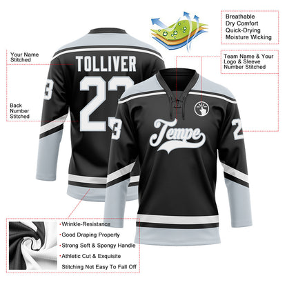 Custom Black White-Silver Hockey Lace Neck Jersey - Sky-Custom