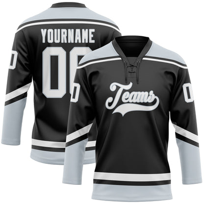 Custom Black White-Silver Hockey Lace Neck Jersey - Sky-Custom