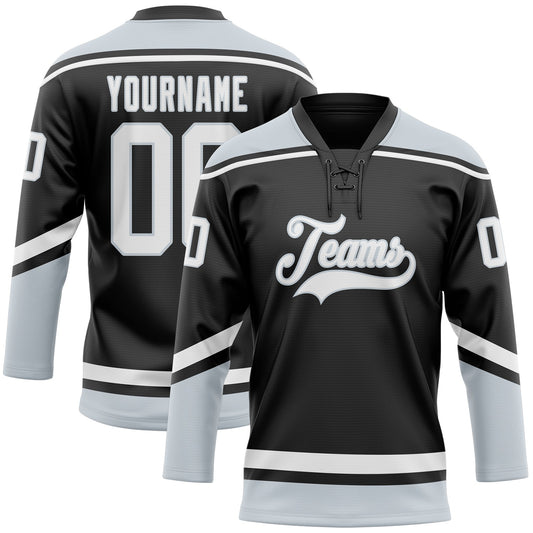 Custom Black White-Silver Hockey Lace Neck Jersey - Sky-Custom