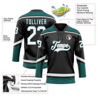 Custom Black White Gray-Midnight Green Hockey Lace Neck Jersey - Sky-Custom