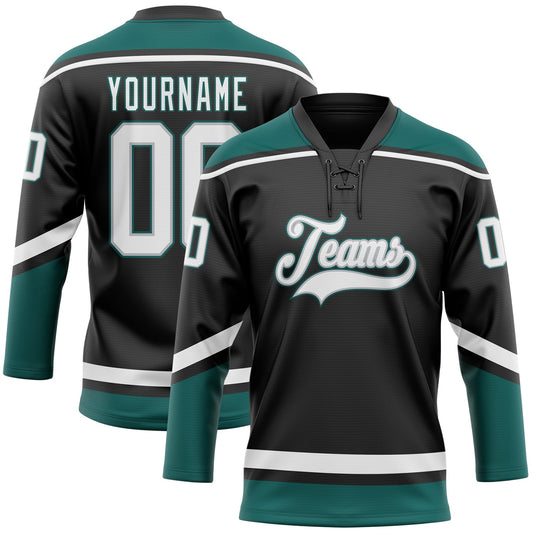 Custom Black White Gray-Midnight Green Hockey Lace Neck Jersey - Sky-Custom