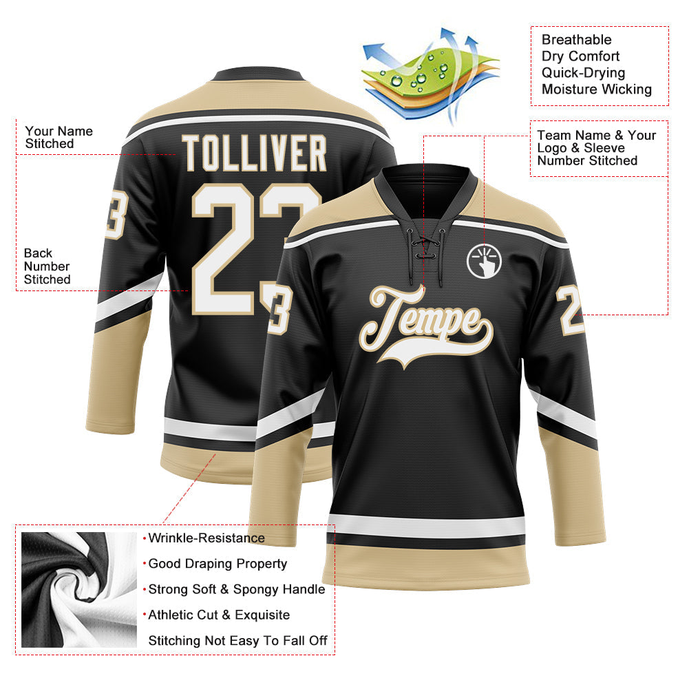 Custom Black White-Old Gold Hockey Lace Neck Jersey - Sky-Custom
