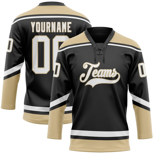 Custom Black White-Old Gold Hockey Lace Neck Jersey - Sky-Custom