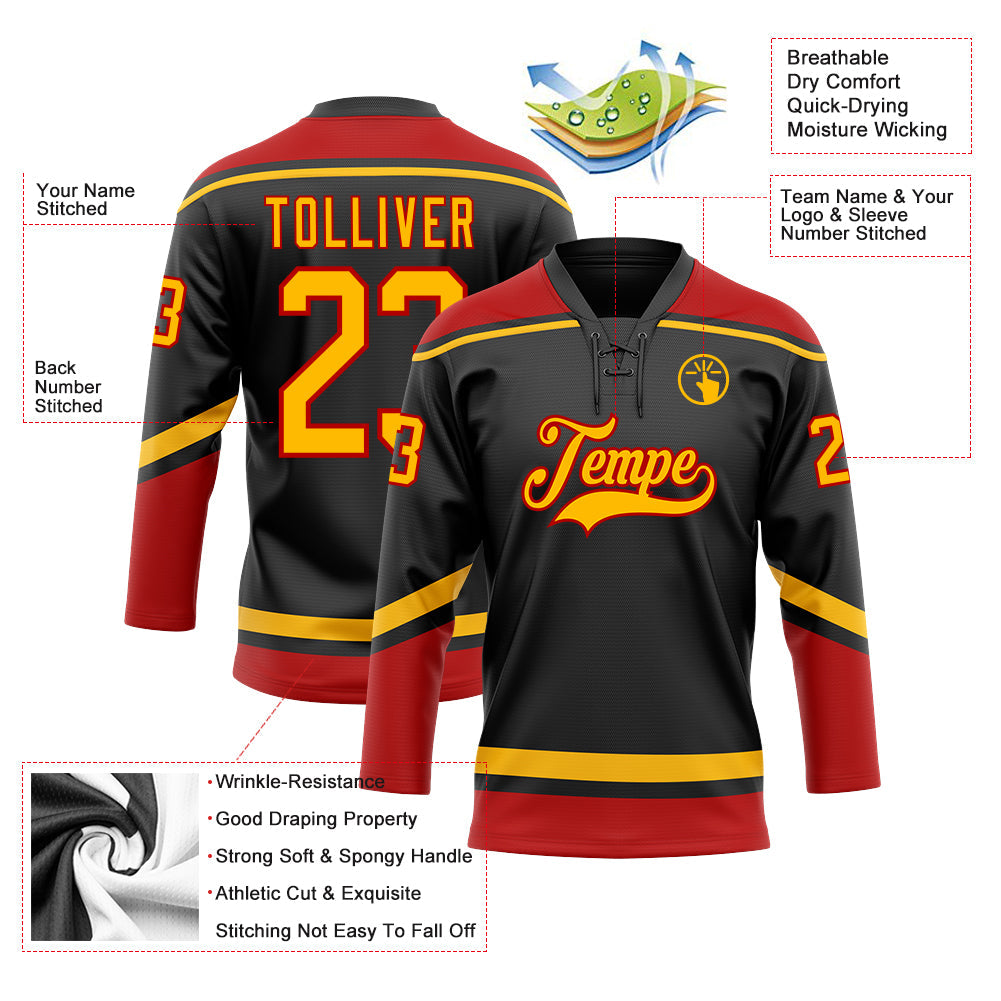 Custom Black Gold-Red Hockey Lace Neck Jersey - Sky-Custom