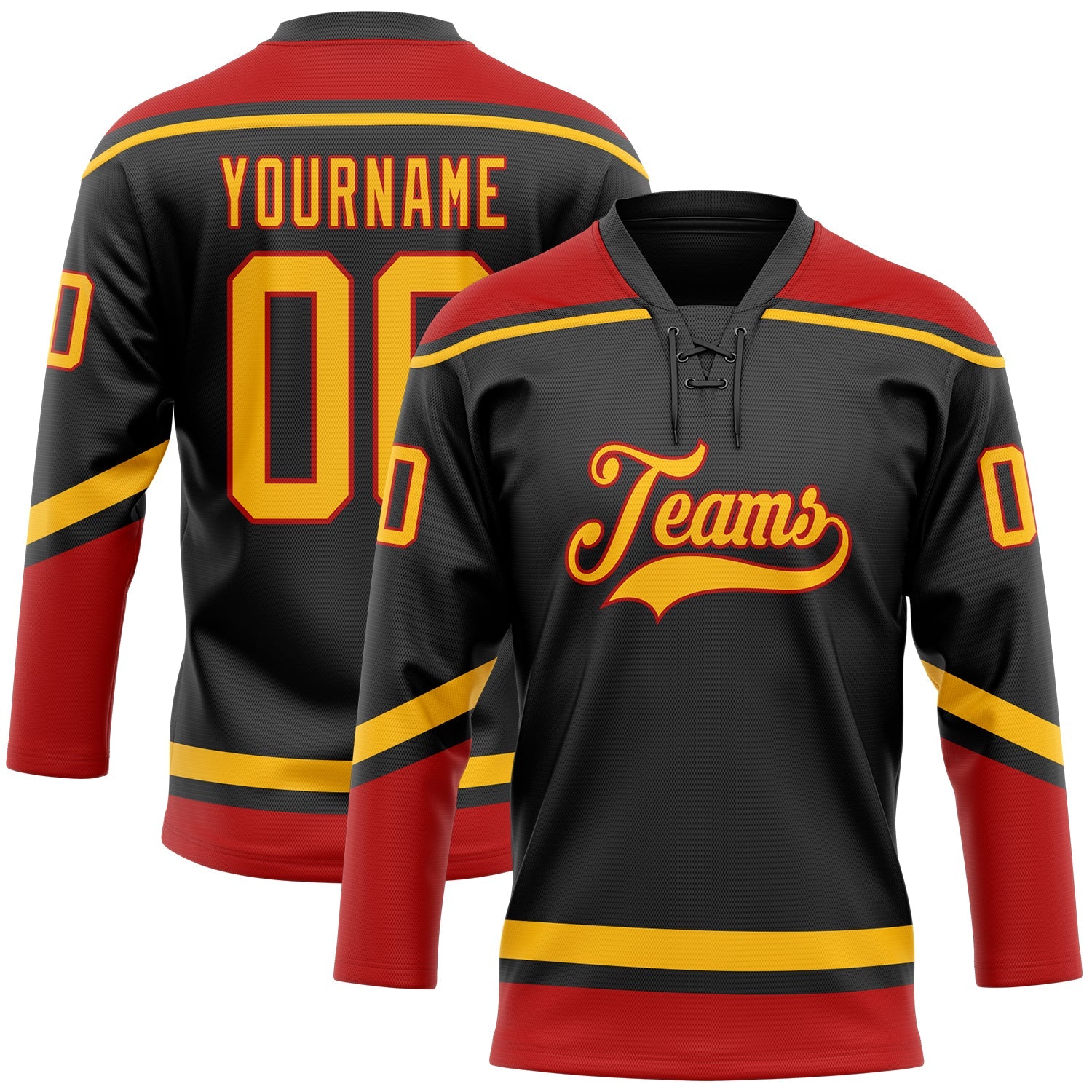 Custom Black Gold-Red Hockey Lace Neck Jersey - Sky-Custom