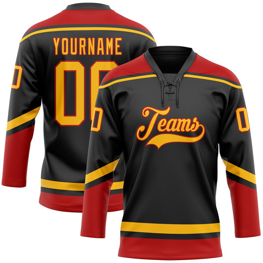Custom Black Gold-Red Hockey Lace Neck Jersey - Sky-Custom