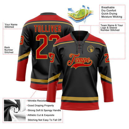 Custom Black Red-Old Gold Hockey Lace Neck Jersey - Sky-Custom