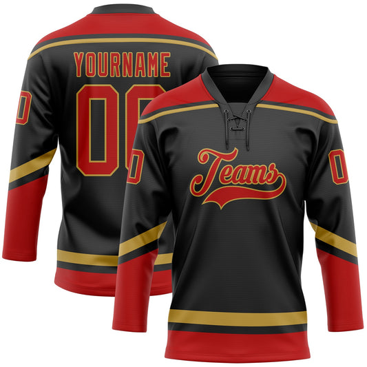 Custom Black Red-Old Gold Hockey Lace Neck Jersey - Sky-Custom