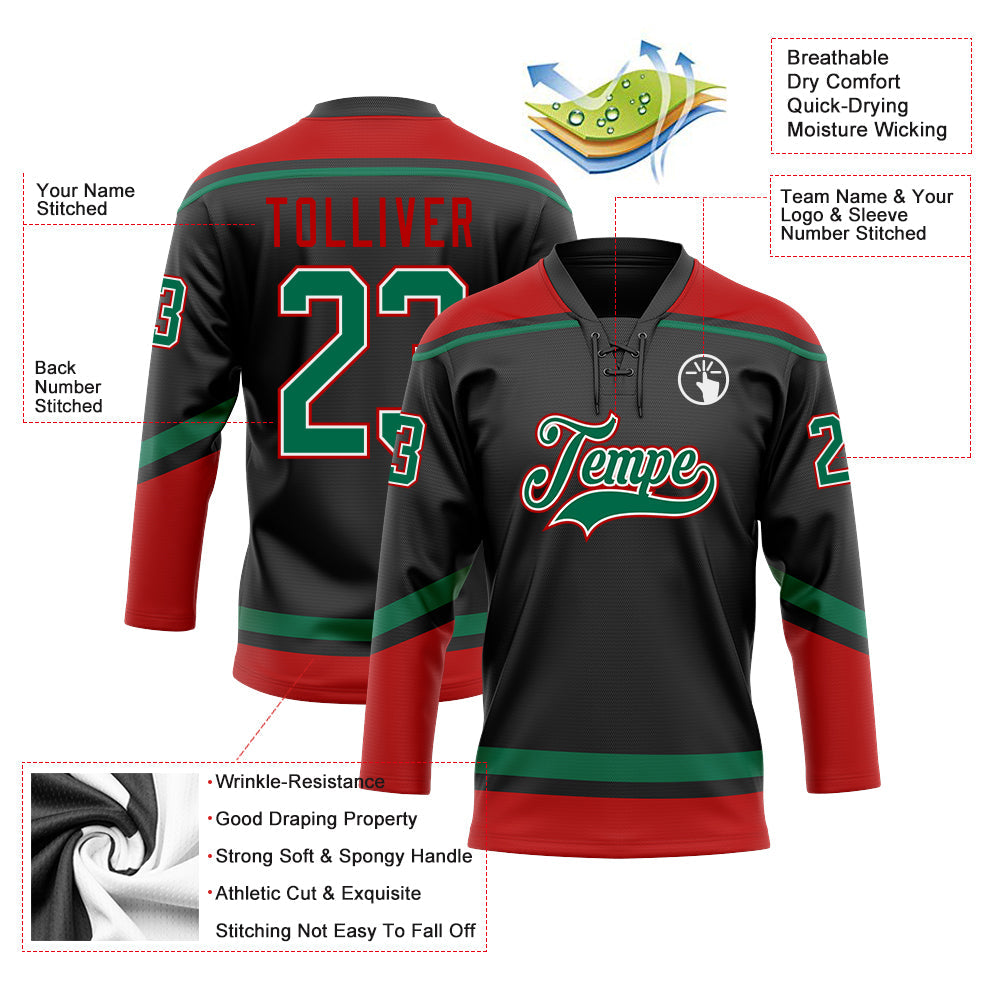 Custom Black Kelly Green-Red Hockey Lace Neck Jersey - Sky-Custom