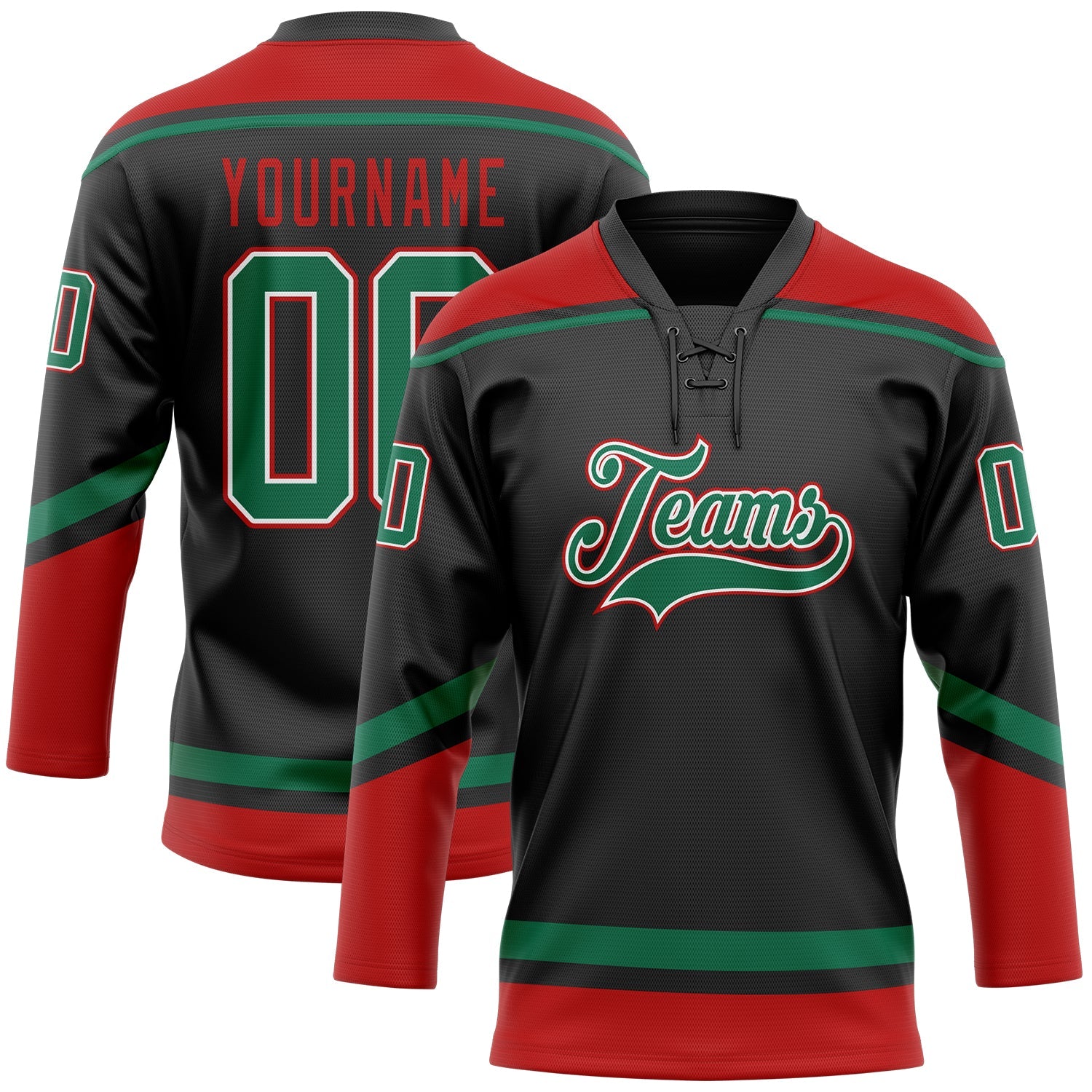 Custom Black Kelly Green-Red Hockey Lace Neck Jersey - Sky-Custom