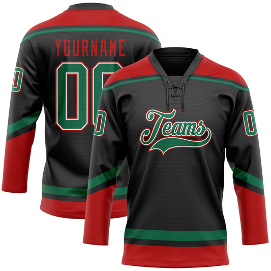 Custom Black Kelly Green-Red Hockey Lace Neck Jersey - Sky-Custom