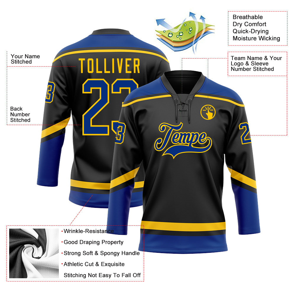 Custom Black Royal-Yellow Hockey Lace Neck Jersey - Sky-Custom