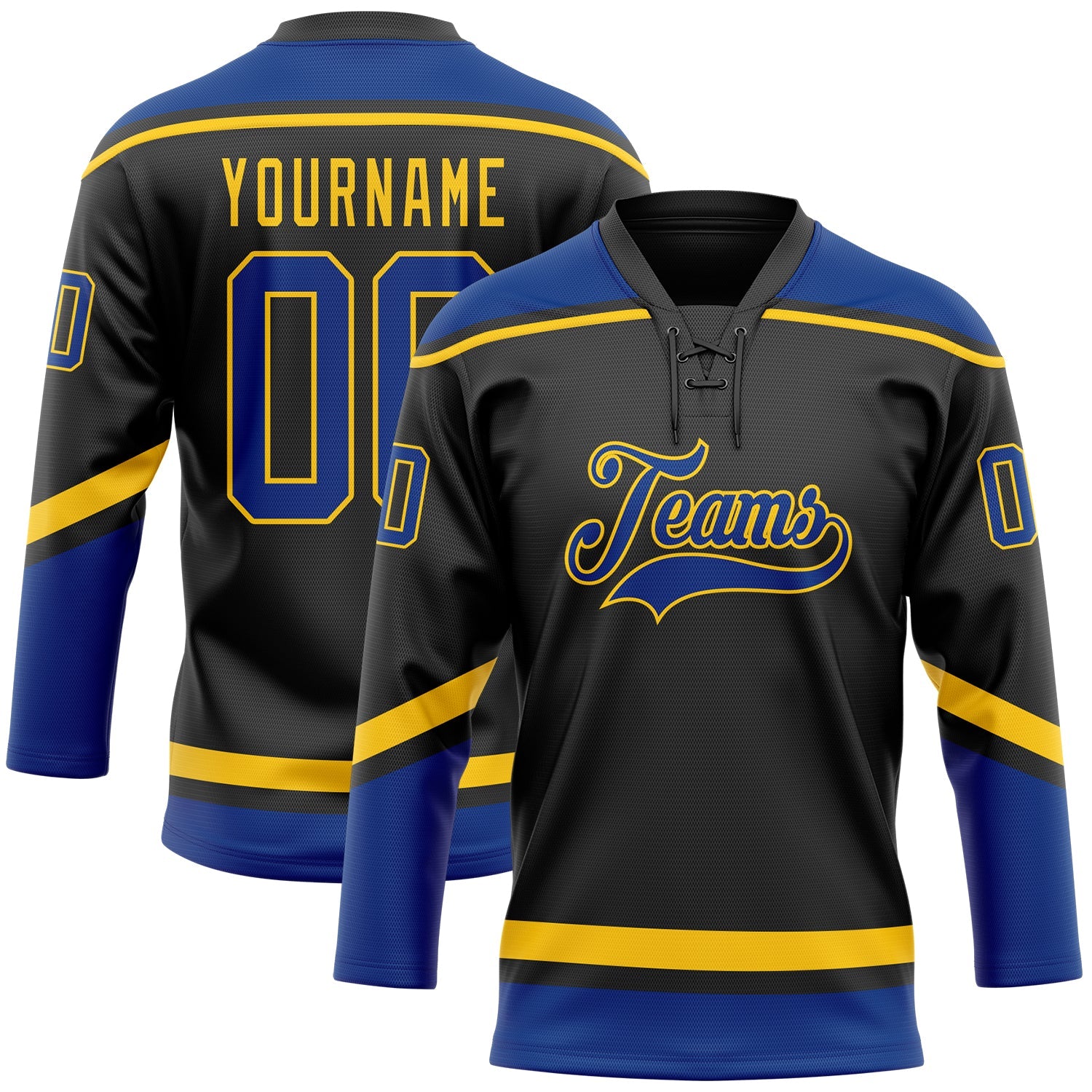Custom Black Royal-Yellow Hockey Lace Neck Jersey - Sky-Custom
