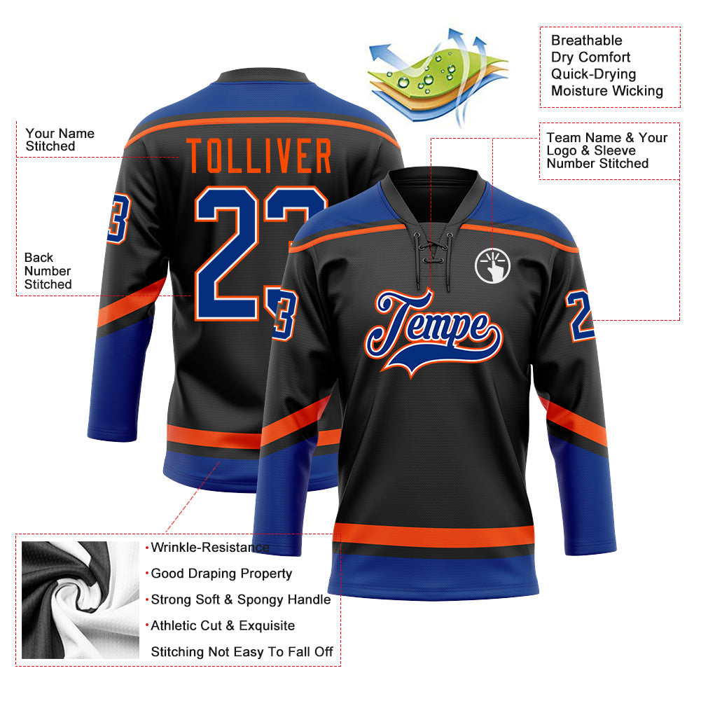 Custom Black Royal-Orange Hockey Lace Neck Jersey - Sky-Custom