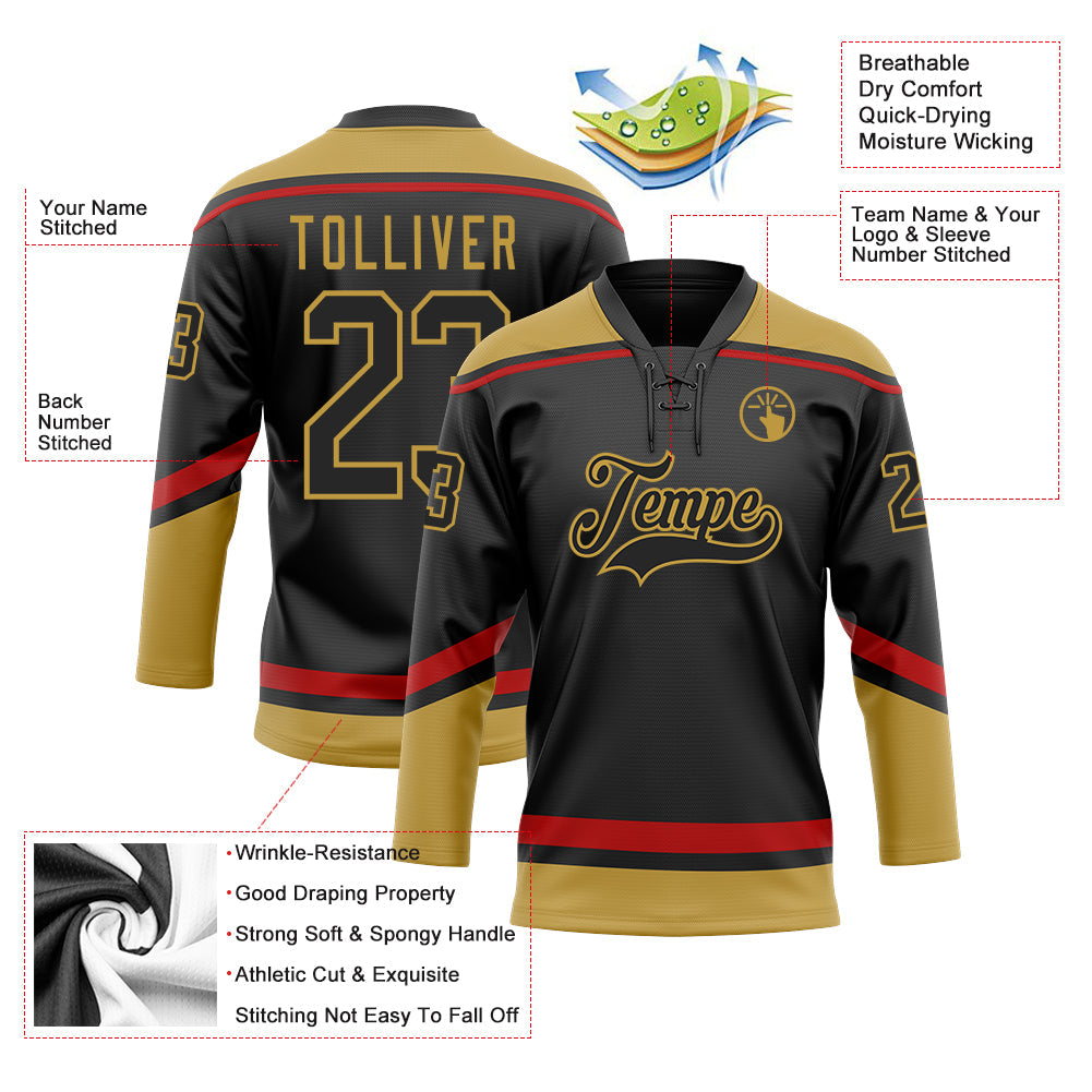 Custom Black Old Gold-Red Hockey Lace Neck Jersey - Sky-Custom
