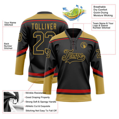Custom Black Old Gold-Red Hockey Lace Neck Jersey - Sky-Custom