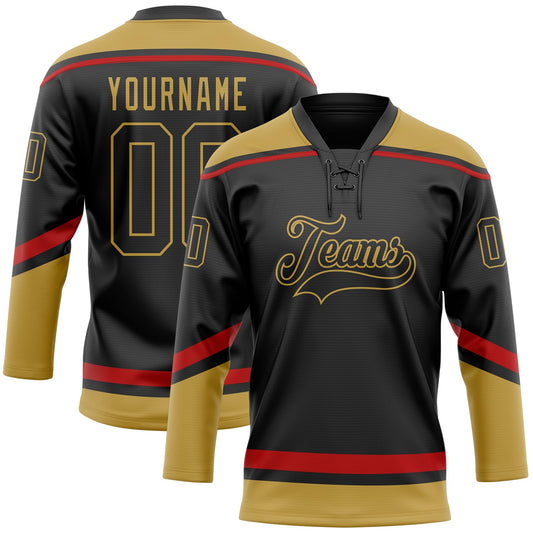 Custom Black Old Gold-Red Hockey Lace Neck Jersey - Sky-Custom