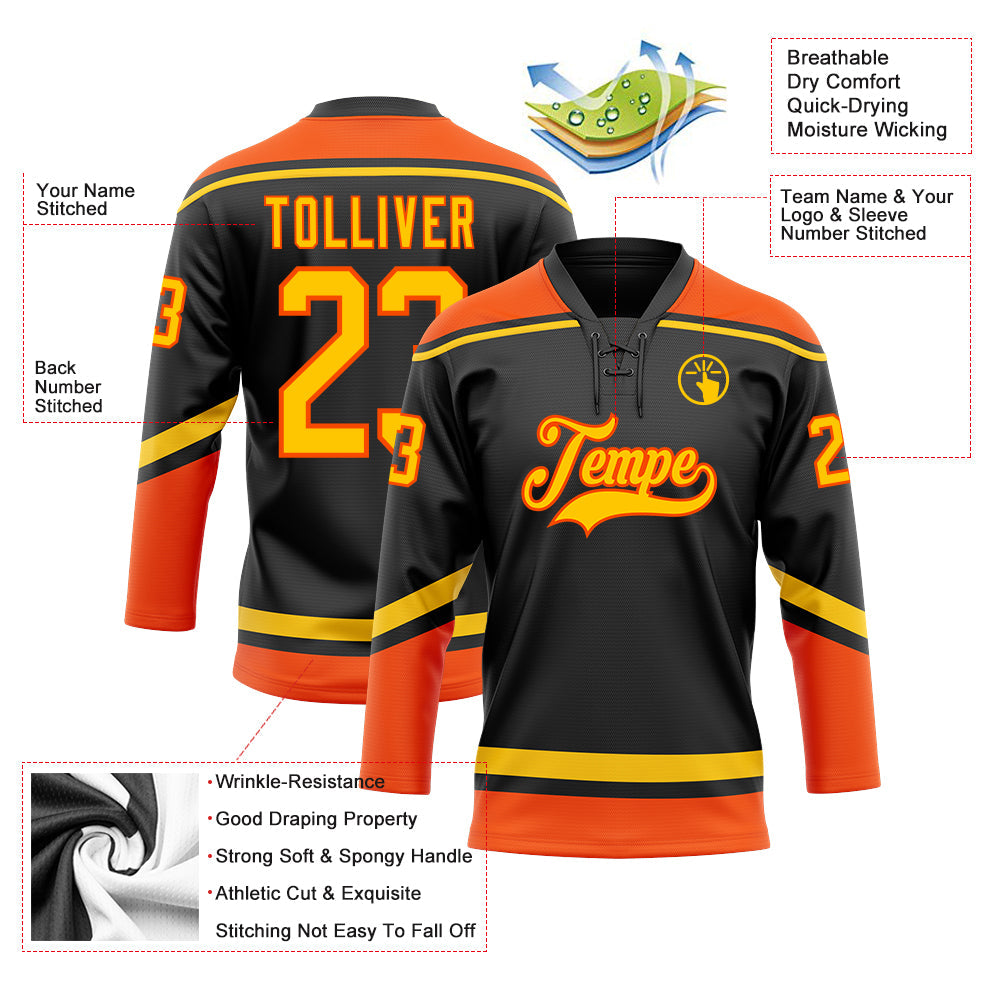 Custom Black Yellow-Orange Hockey Lace Neck Jersey - Sky-Custom