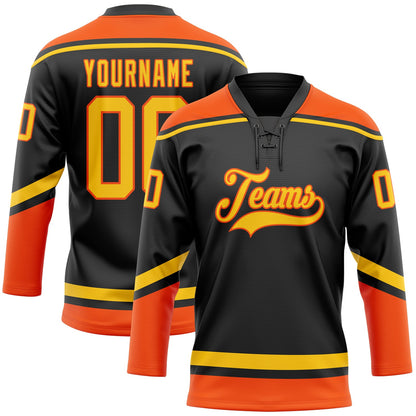 Custom Black Yellow-Orange Hockey Lace Neck Jersey - Sky-Custom