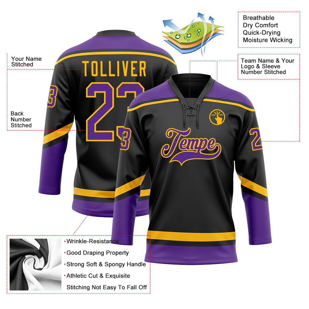 Custom Black Purple-Gold Hockey Lace Neck Jersey - Sky-Custom