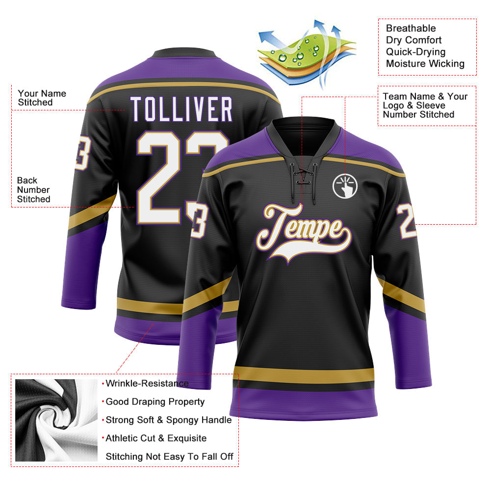 Custom Black White Old Gold-Purple Hockey Lace Neck Jersey - Sky-Custom