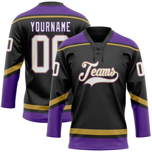 Custom Black White Old Gold-Purple Hockey Lace Neck Jersey - Sky-Custom