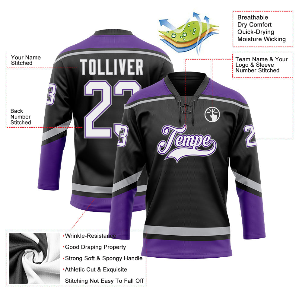 Custom Black White Purple-Gray Hockey Lace Neck Jersey - Sky-Custom