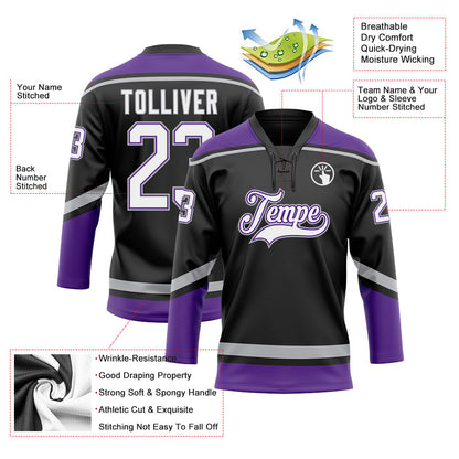 Custom Black White Purple-Gray Hockey Lace Neck Jersey - Sky-Custom