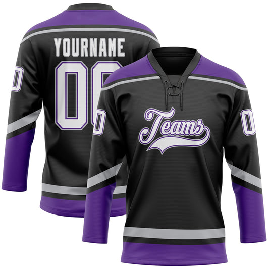 Custom Black White Purple-Gray Hockey Lace Neck Jersey - Sky-Custom