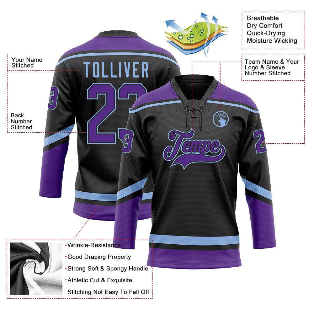 Custom Black Purple-Light Blue Hockey Lace Neck Jersey - Sky-Custom