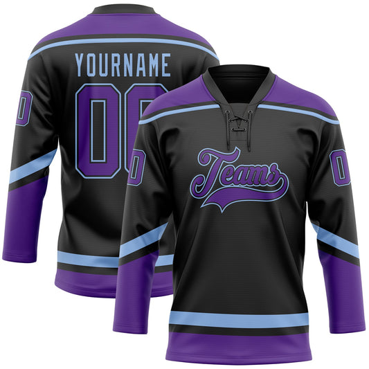 Custom Black Purple-Light Blue Hockey Lace Neck Jersey - Sky-Custom