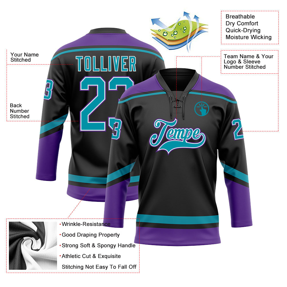 Custom Black Teal-White Hockey Lace Neck Jersey - Sky-Custom