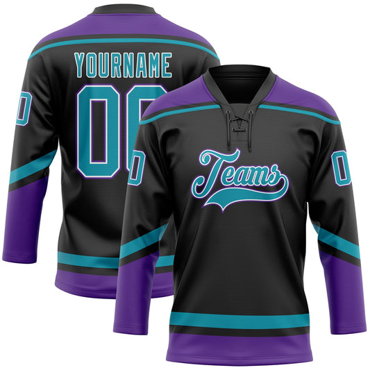 Custom Black Teal-White Hockey Lace Neck Jersey - Sky-Custom